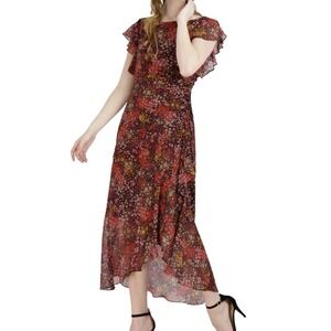 Julia Jordan Scoop‎ Neck Asymmetrical Hem Dress Ruched Side Sz 4 Ruffle Floral